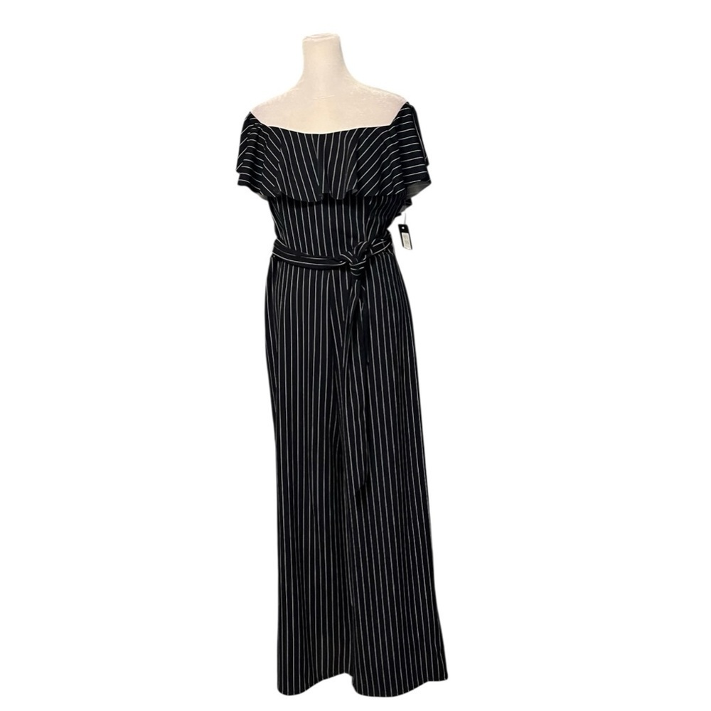 Bebe Navy Pinstripe Off Shoulder Jumpsuit Size 10 NWT - Picture 4 of 7